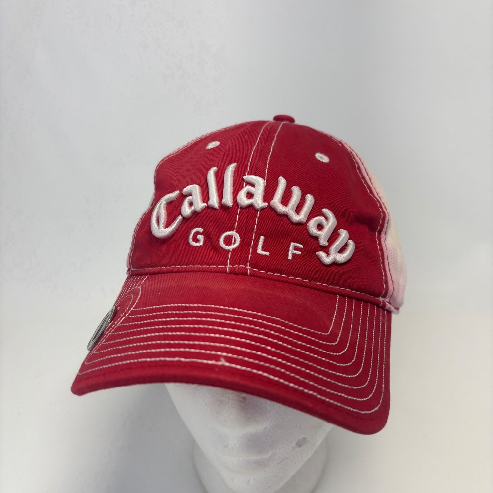 Callaway Golf Hat Mens OSFA Red White New Era Adjustable Ball Marker Cap Stained